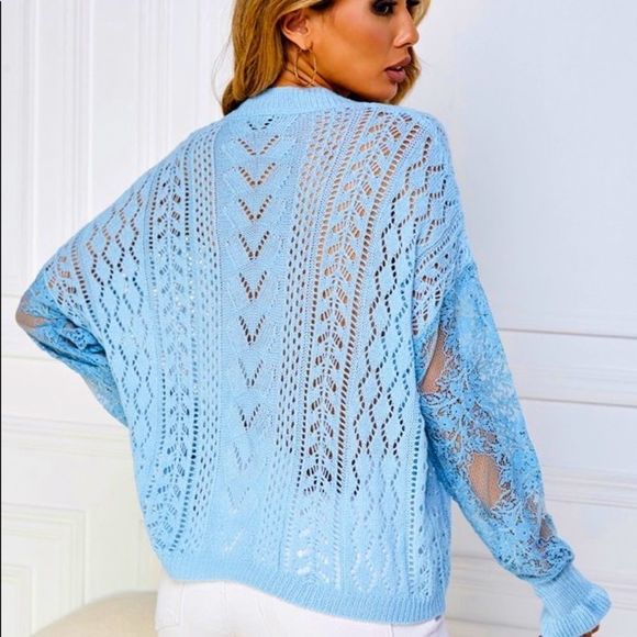HP!! 💜💜 NWT! CONTRAST LACE POINTELLE KNIT DROP SHOULDER SWEATER IN BABY BLUE! - Picture 3 of 11